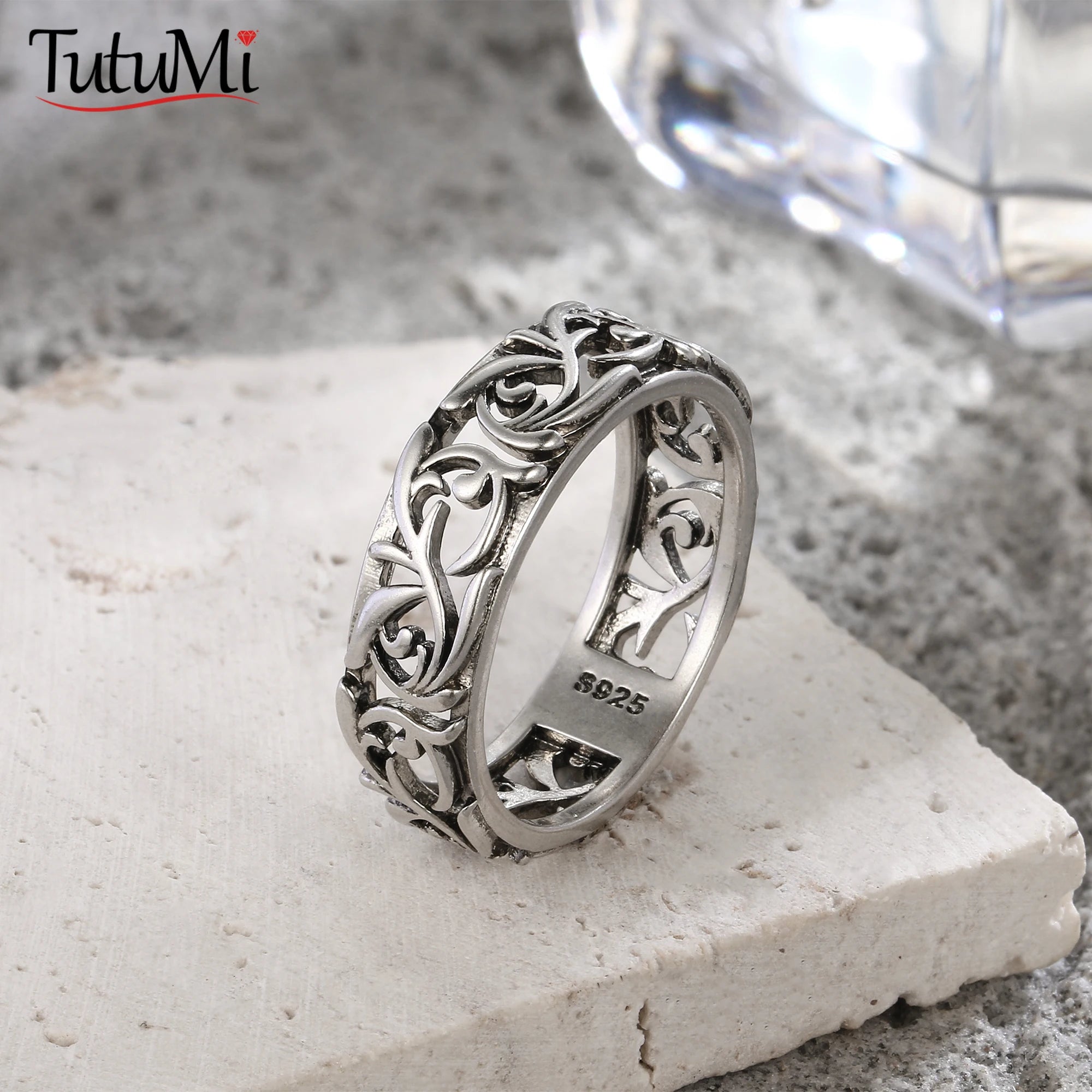 Vintage-Ring aus 925er Sterlingsilber mit filigranem Blumenmuster – Hohl-Design, Unisex