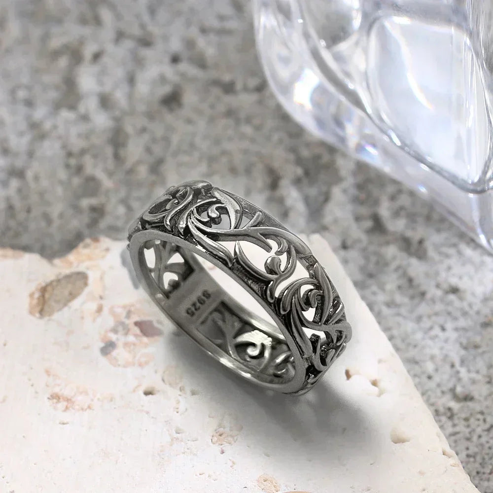 Vintage-Ring aus 925er Sterlingsilber mit filigranem Blumenmuster – Hohl-Design, Unisex