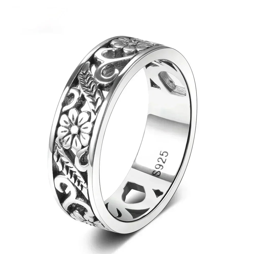Vintage-Ring aus 925er Sterlingsilber mit filigranem Blumenmuster – Hohl-Design, Unisex