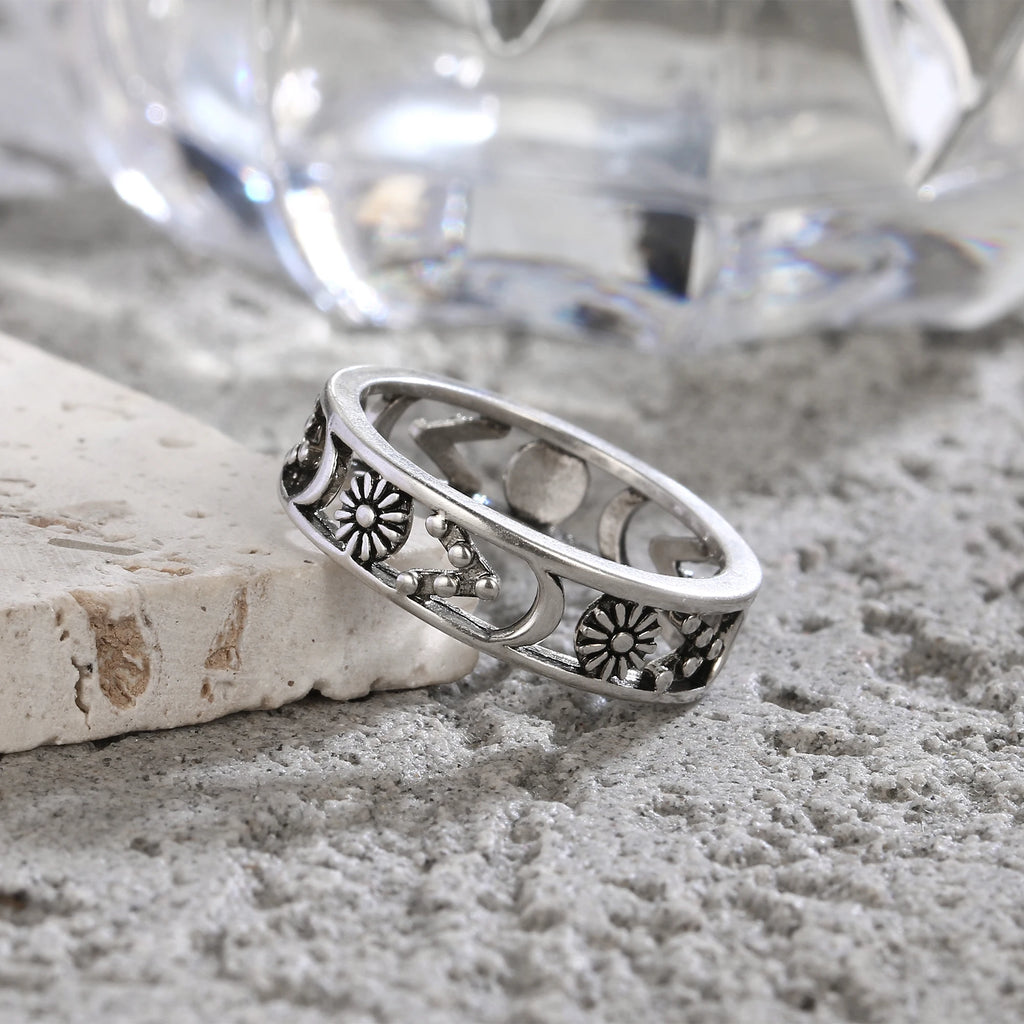 Vintage-Ring aus 925er Sterlingsilber mit filigranem Blumenmuster – Hohl-Design, Unisex