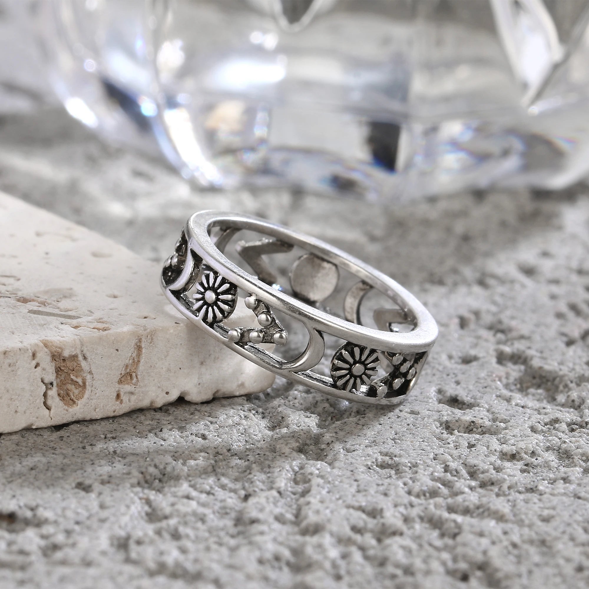 Vintage-Ring aus 925er Sterlingsilber mit filigranem Blumenmuster – Hohl-Design, Unisex
