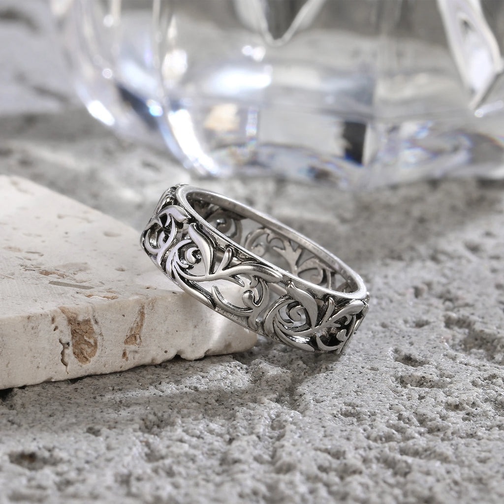Vintage-Ring aus 925er Sterlingsilber mit filigranem Blumenmuster – Hohl-Design, Unisex