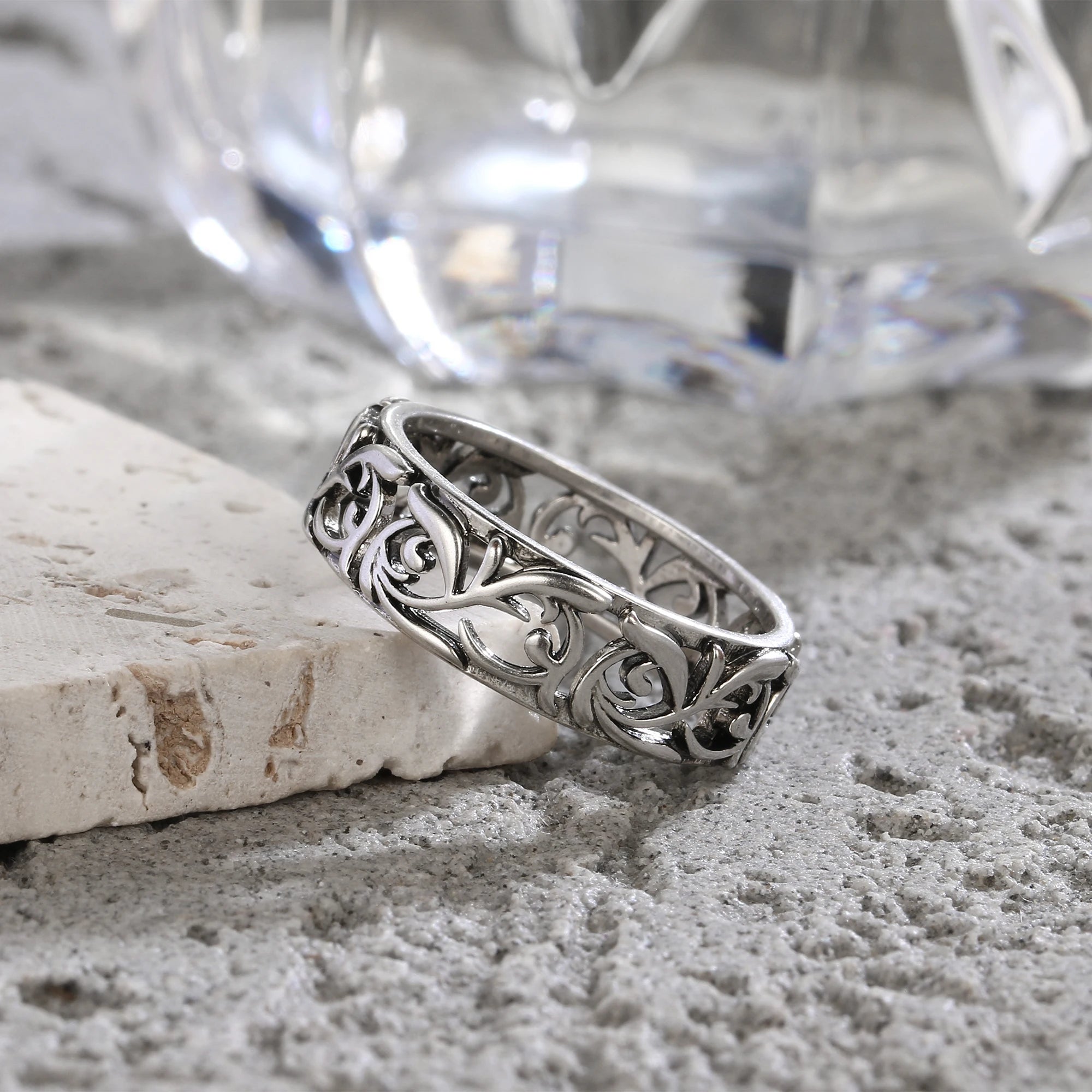 Vintage-Ring aus 925er Sterlingsilber mit filigranem Blumenmuster – Hohl-Design, Unisex
