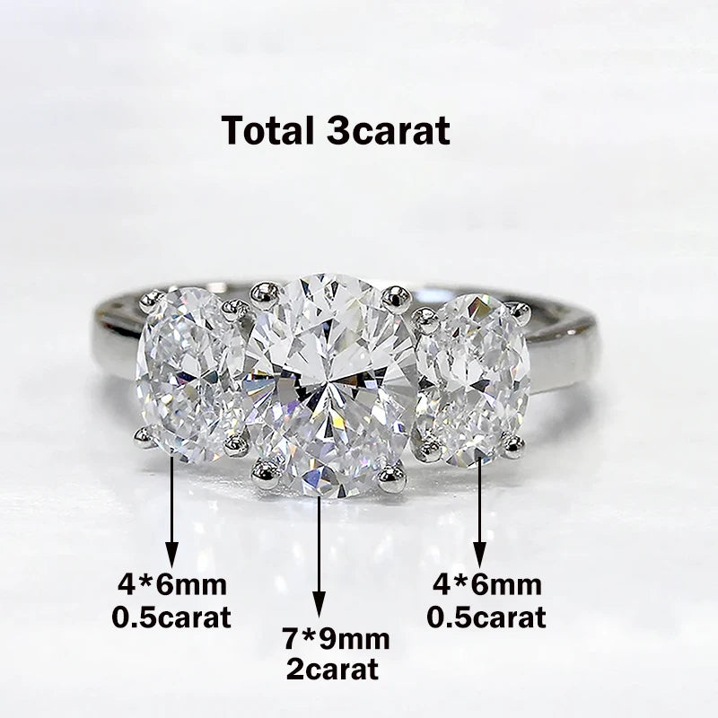 3-Stone Oval Cut Moissanite Engagement Ring in 925 Sterling Silver (3/6 ct total carat weight) with Certificate