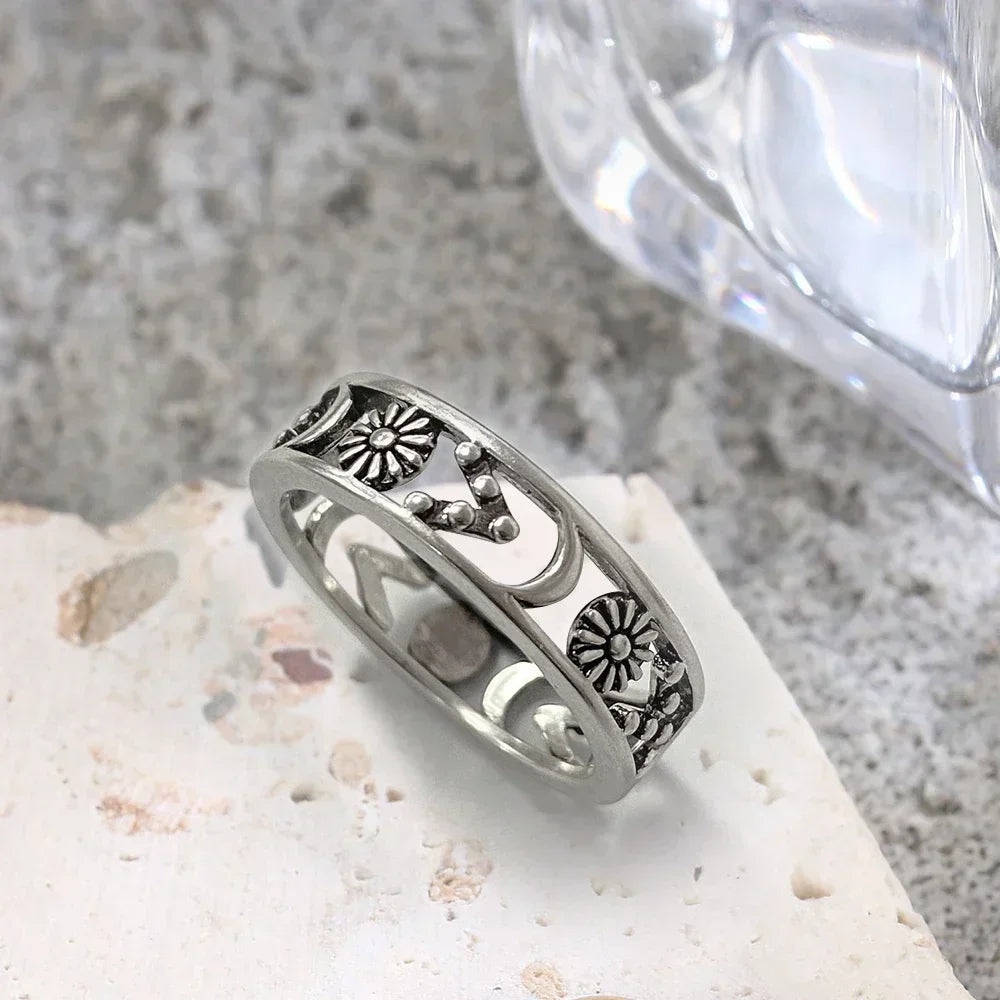 Vintage-Ring aus 925er Sterlingsilber mit filigranem Blumenmuster – Hohl-Design, Unisex